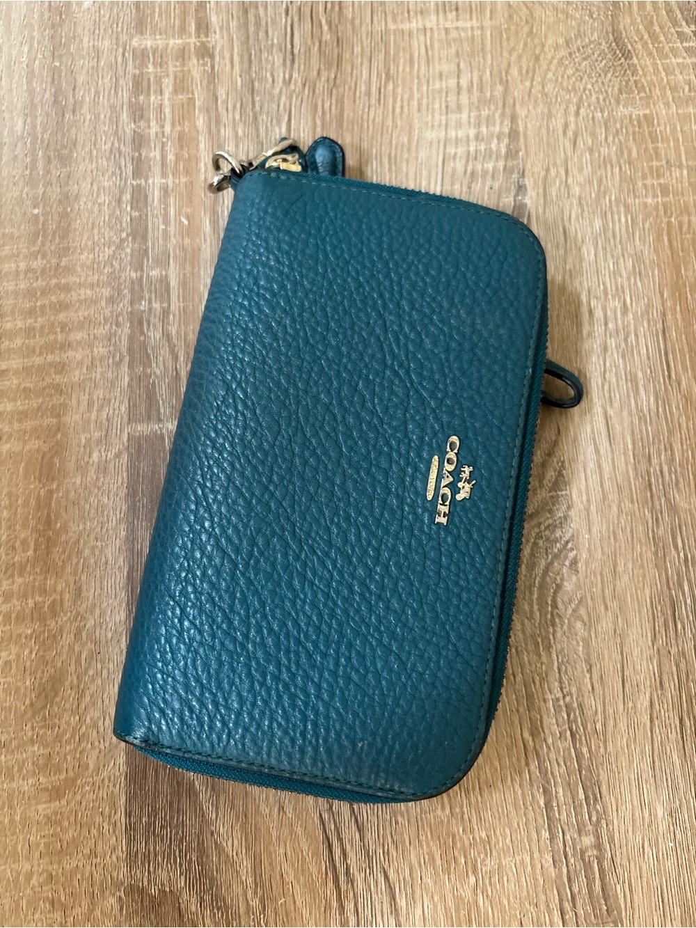 Coach Pebbled Zip Wallet in Teal Blue with Gold Hardware
